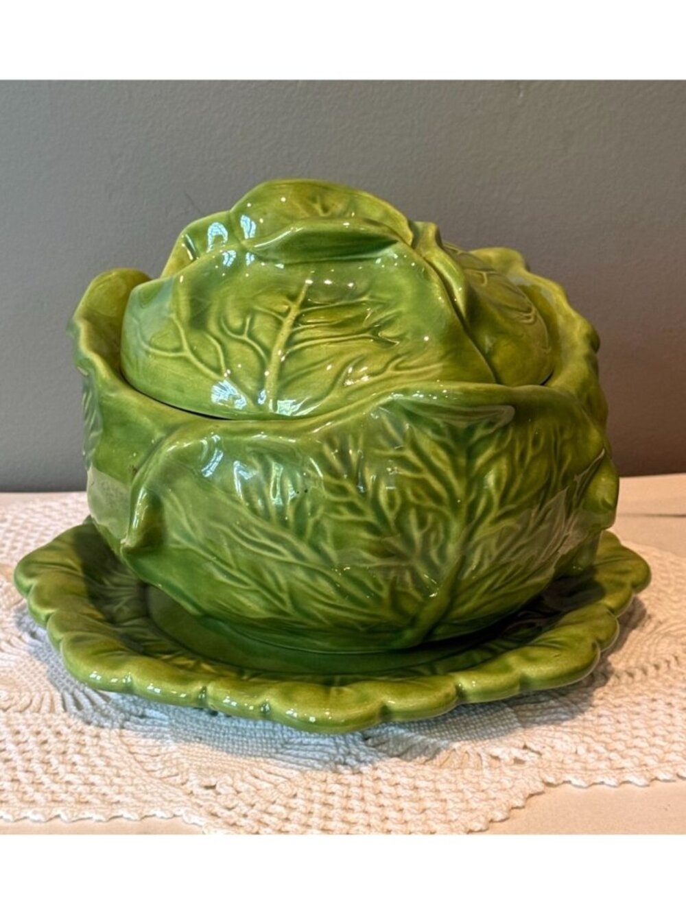 Vintage Holland Mold Cabbage Covered Vegetable Dish with Underplate Green Cerami